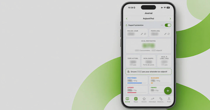 The META daily journal on a phone, with nutrition and activity tracking.